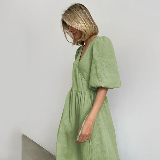 Color-Green-French Dress Summer Women Wear Lace-up Short Sleeve Puff Sleeve Dress Summer Stomach Blanket Dress-Fancey Boutique