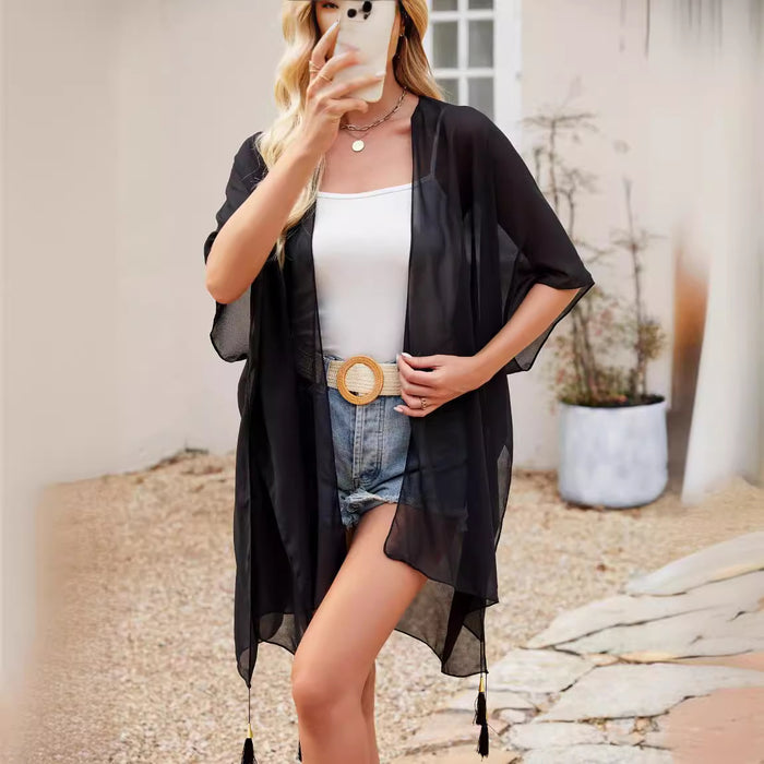 Seaside Blouse See Through Sexy Tassel Thin Cape Solid Color Travel Sun Protection Cardigan-Fancey Boutique