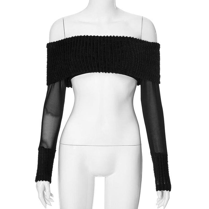 Color-Black-Knitted Stitching Mesh off Shoulder Tube Top Mesh Long Sleeve Sexy Top Women-Fancey Boutique