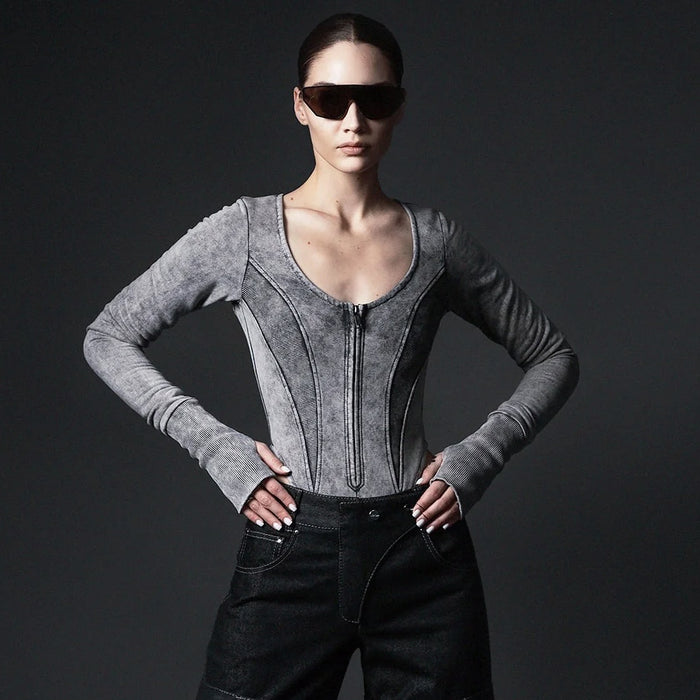 Color-Gray-Washed Worn Jumpsuit Women Zipper Slim Top Autumn Winter Sexy Sexy Women Clothing-Fancey Boutique