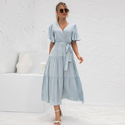 Color-light blue-Summer Arrival Women Clothes Sexy V-neck Long Patchwork Dress-Fancey Boutique