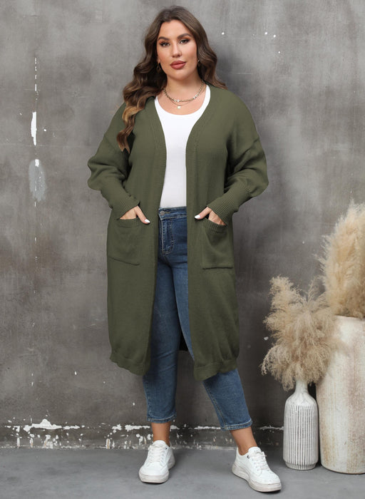 Color-Army Green-Women Coat plus Size Women Clothes Loose Mid Length Woven Sweater Double Pocket Lantern Sleeve Sweater Cardigan-Fancey Boutique
