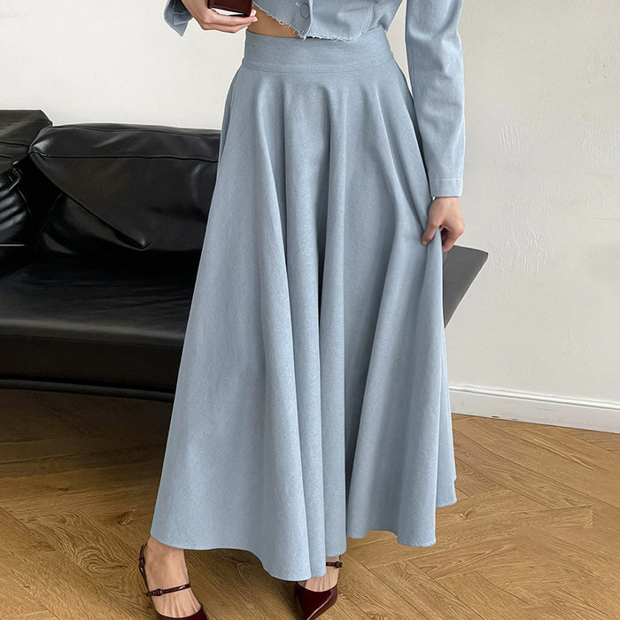 Autumn Winter Retro Elegant Blue Cotton Linen Loose High Waist Ankle High Skirt Minimalist Casual Skirt-Fancey Boutique