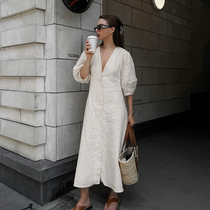Color-French Young Beige Cotton Linen Puff Sleeve Dress Women Summer Backless Loose V neck Shirt Long Dress-Fancey Boutique