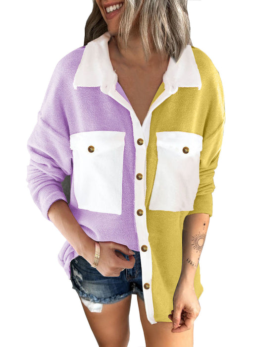 Color-Purple Yellow-Long Sleeved Shirt Women Color Contrast Patchwork Women Autumn Winter Plush Shirt Women Outerwear-Fancey Boutique