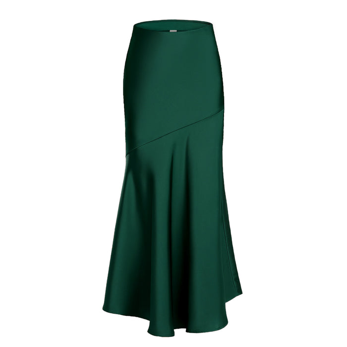 Women Acetate Satin Skirt High Waist Elastic Patchwork Maxi Dress Slim Slimming Sheath Dress-Dark Green-Fancey Boutique
