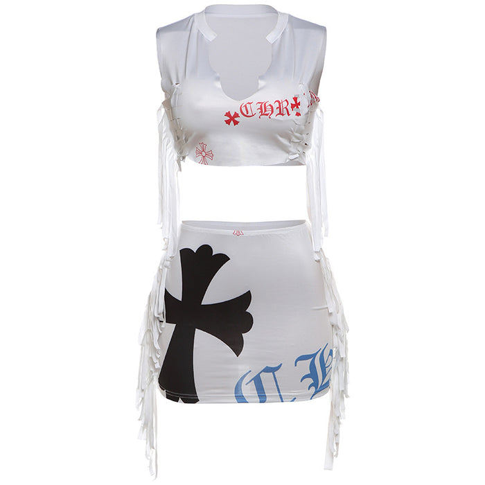 Summer Women Clothing Sleeveless Printed Top Tassel High Waist Slim Fit Hip Wrapped Short Skirt Set Women-White-Fancey Boutique