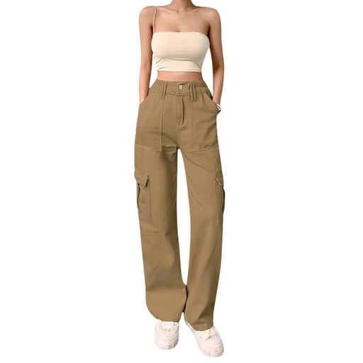 Color-Brown-Slim High Waist Multi Pocket Cargo Pants Women-Fancey Boutique