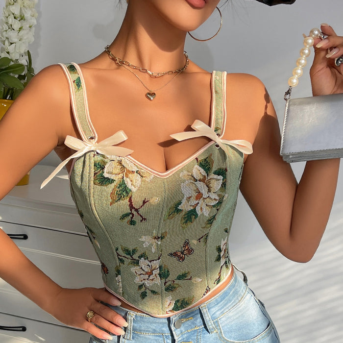 French Bow Tie Shoulder Floral Sexy Shapewear Women Spaghetti Strap Floral Print Slim Vest Corset-Fancey Boutique