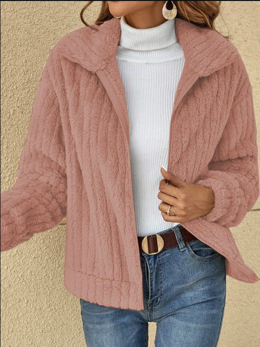 Color-Pink-Women Clothing Autumn Winter Sunken Stripe Velvet Collared Short Coat Outerwear-Fancey Boutique