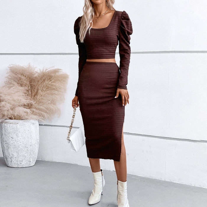 Color-Dark Brown-Women Clothing Autumn Winter Elegant Puff Sleeve Top Hip Skirt Sets-Fancey Boutique