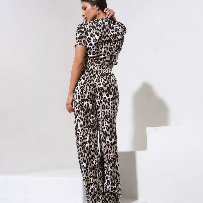 Slim Fit Crop Top Trousers Home Wear Leopard Print Pajamas Women Two Piece Set Can Be Worn outside-Fancey Boutique