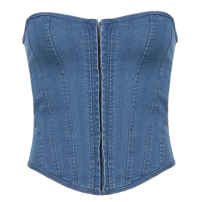 Color-Blue-Spring Summer Women Clothing Fluted Collar Boning Corset Boning Corset Slim Fit Lace up Solid Color Denim Tube Top Vest-Fancey Boutique