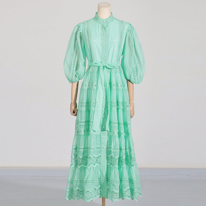 French Vintage Summer Round Neck Puff Sleeve Lace Up Waist Lace Long Patchwork Dress Women-Green-Fancey Boutique