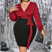 Color-Burgundy-Plus Size Women Clothes Autumn Winter Stitching Contrast Color Sexy V Neck Slim Sheath Long Sleeve Dress-Fancey Boutique