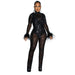 Color-Black-Women Wear Solid Color Mesh Feather Long Sleeved Trousers Two Piece Set-Fancey Boutique