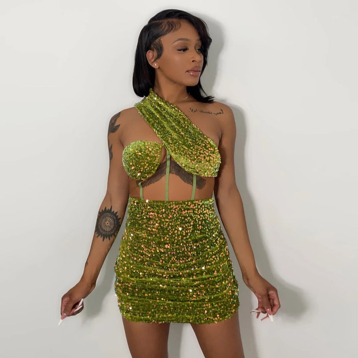 Green See-through Sequin Gauze Wrapped Chest Sloping Shoulder Backless Short Dress for Women-Green-Fancey Boutique