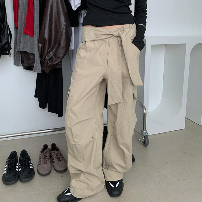 Autumn High Grade Special Lace Up Workwear Woven Pants Trend Loose Solid Color Casual Trousers-Khaki-Fancey Boutique