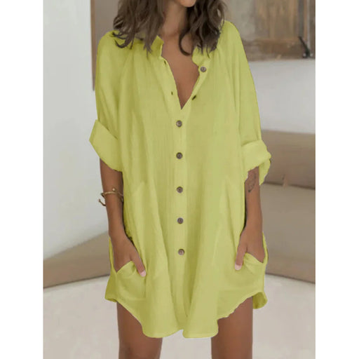 Color-Green-Autumn Winter Casual Loose Single Breasted Shirt Dress Women-Fancey Boutique