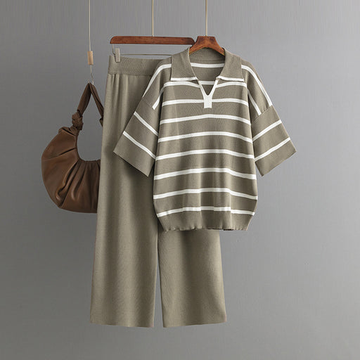 Color-Brown-Contrast Color Striped Summer Casual Loose Knitted Wide Leg Pants Two Piece Set-Fancey Boutique