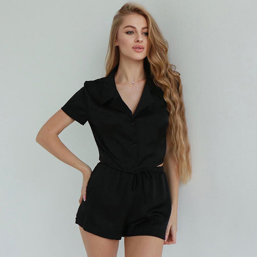 Color-Black-Summer Pajamas Set Short Sleeve Shorts Sporty Simplicity Outerwear Homewear Women-Fancey Boutique