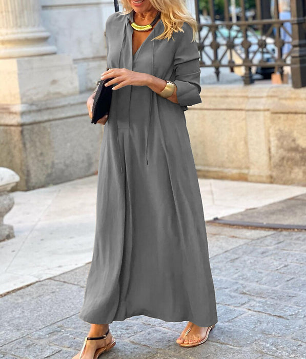 Color-Gray-Large Swing Dress Solid Color Collared Long Sleeve Simple Casual Long Shirt Dress-Fancey Boutique