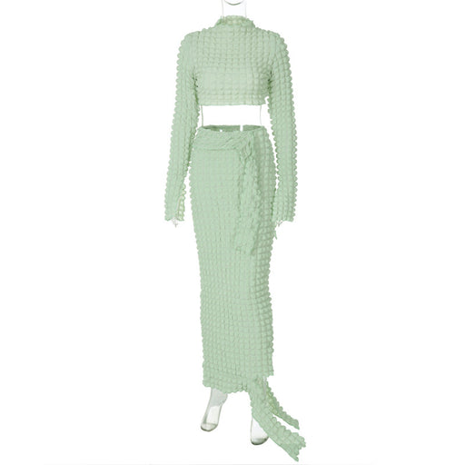 Color-Green-Winter Popcorn Cropped Top Slim Irregular Asymmetric Skirt Set-Fancey Boutique