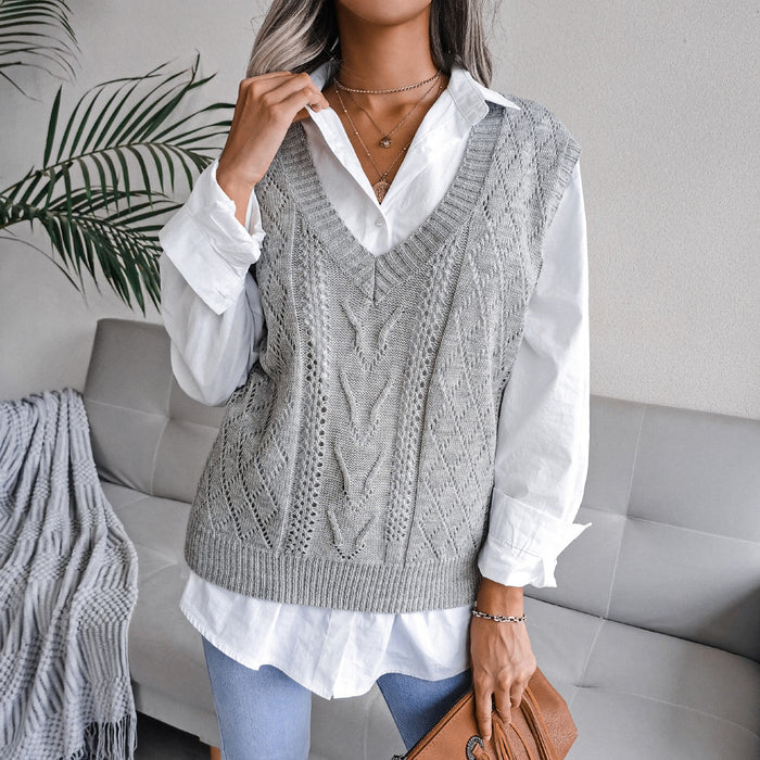 Color-Gray-Autumn Winter Cutout Twist V neck Knitted Vest Sweater Women Clothing-Fancey Boutique