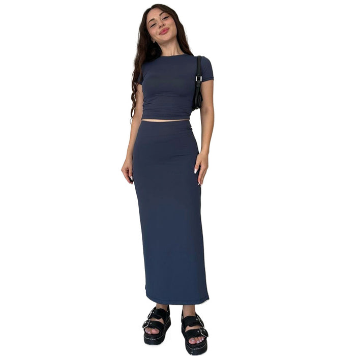 Summer Solid Color Round Neck Short Sleeve Top Women Casual Skirt Set-Navy Blue-Fancey Boutique