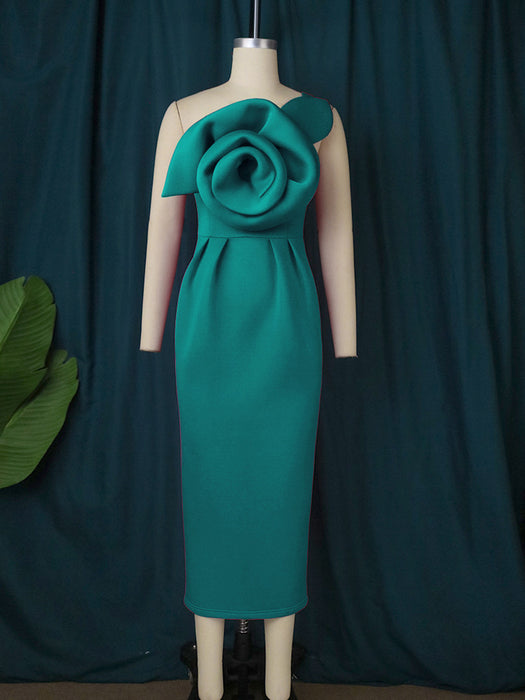 Color-Green-One Shoulder Diagonal Collar Three Dimensional Floral Dress Christmas High Waist Slimming Cocktail One Step Dress 3D Rose-Fancey Boutique