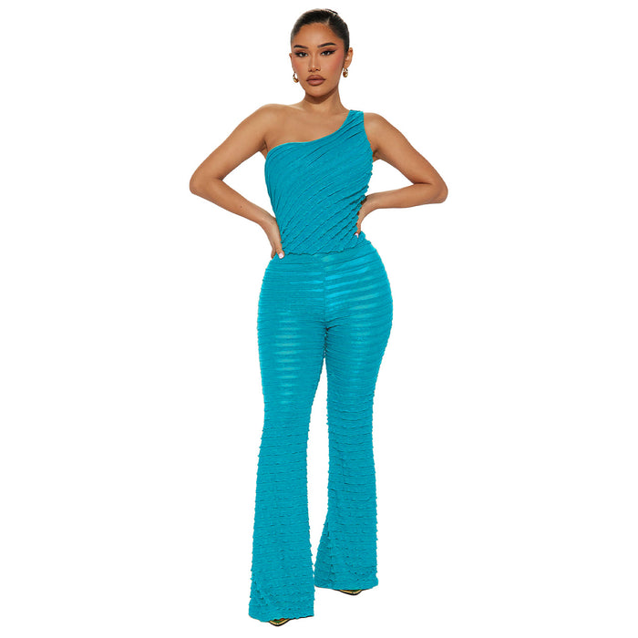 Color-Blue-Women Clothing Spring Summer Sleeveless One Shoulder Short Top Slim Fit Bootcut Trousers Two Piece Set-Fancey Boutique