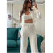 Women Clothing Embossed Short Personalized Shirt High Waist Wide Leg Elastic Pants Two Piece Set-White-Fancey Boutique