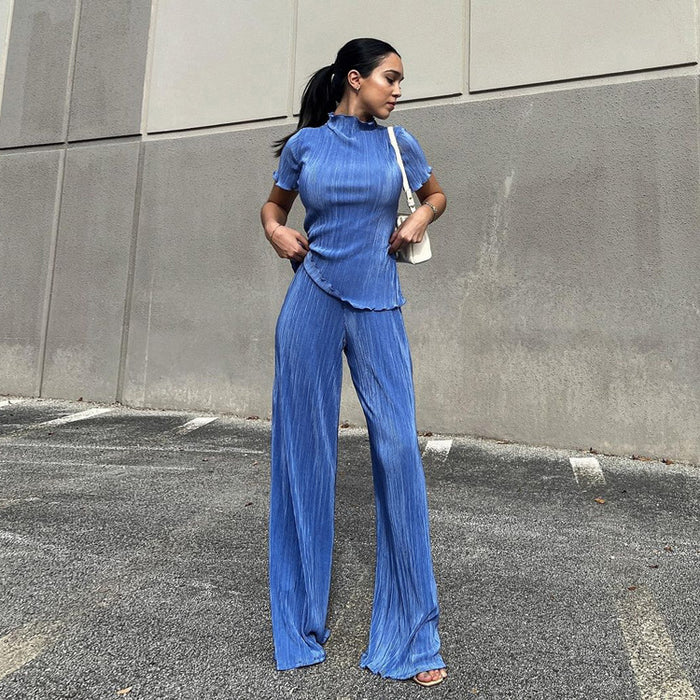 Spring Slimming T shirt High Waist Blue Pleated Wide Leg Pants Casual Women Clothing Fashion Suit-Fancey Boutique