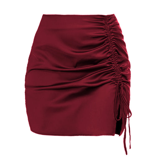 Color-Burgundy-Solid Color Pleating Hip Skirt Sexy High Waist Zipper Satin Skirt Women Summer Women Clothing-Fancey Boutique
