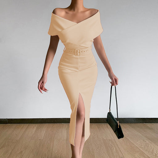 Color-Apricot-Spring Summer Elegant Graceful Office Minimalist Young off the Shoulder Belt Dress with Vents-Fancey Boutique