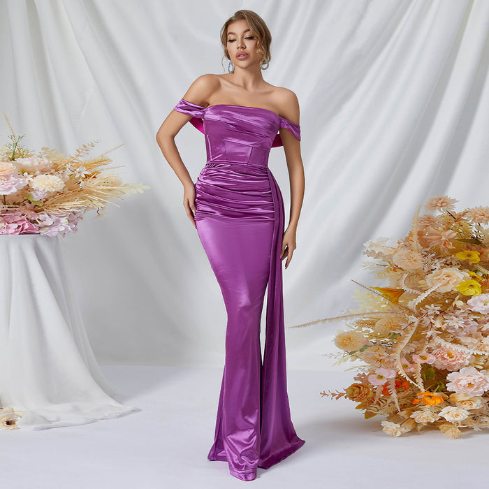 Color-Purple-Evening Dress Women Clothing Dress Bridesmaid Dress Long Tail Sheath off the Shoulder Split Dress-Fancey Boutique