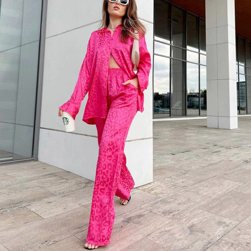 Color-Coral Red-Women Leopard Jacquard Spring Autumn Long Sleeve Shirt Elastic Waist Loose Trousers Two Piece Set-Fancey Boutique