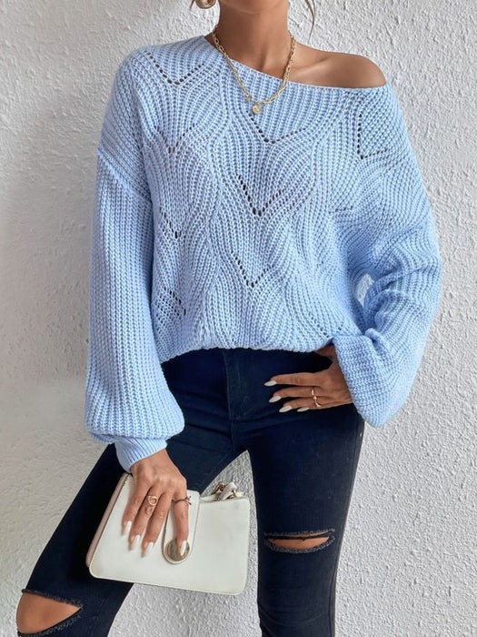 Color-Blue-Women Popular off the Shoulder Sweater round Neck Hollowed Casual Sweater Sweater-Fancey Boutique