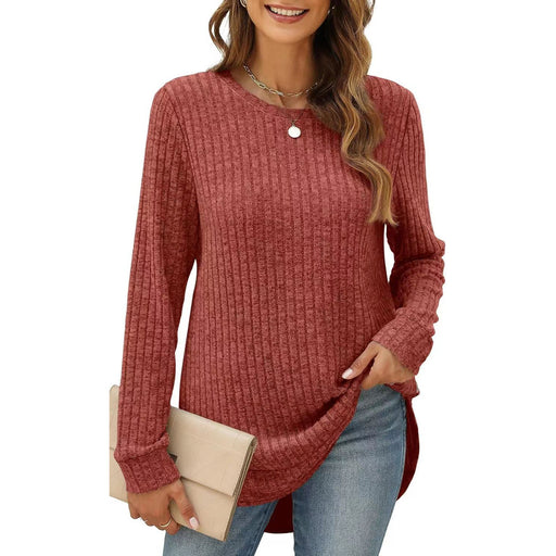 Color-Red-Autumn Winter Solid Color Round Neck Long Sleeve Brushed Loose Fitting T Shirt Top Women-Fancey Boutique