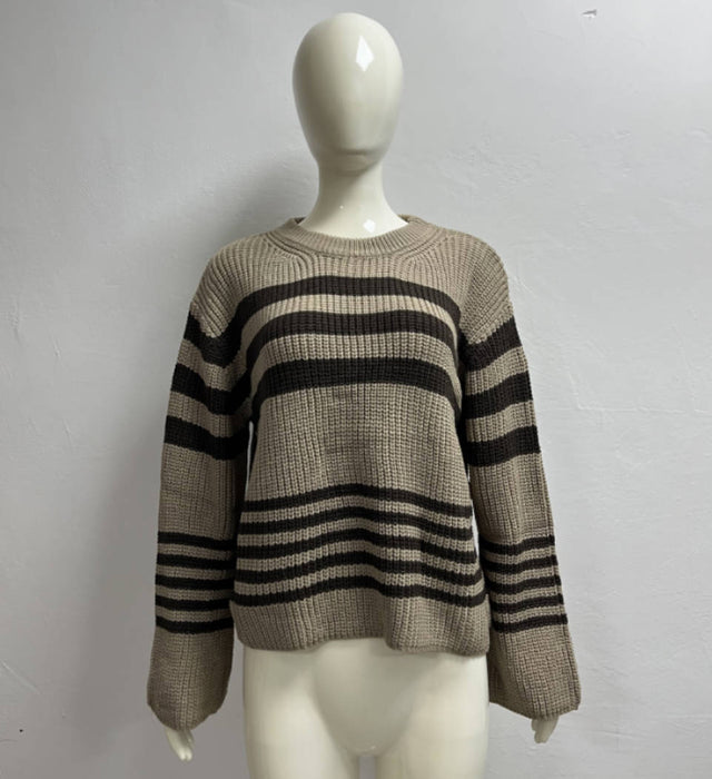 Striped Contrast Color Knitwear Casual All Matching Tops Pullover Women-Khaki-Fancey Boutique