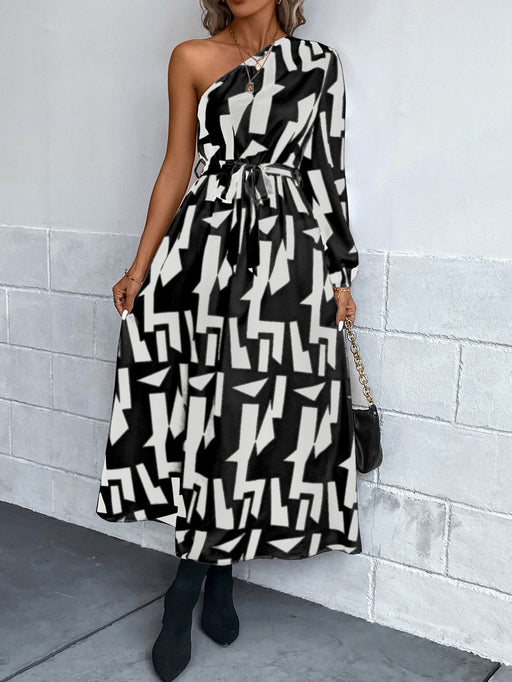 Color-Black-Autumn Winter Women Clothing Oblique Shoulder Pleated Long Sleeve Printing Dress-Fancey Boutique