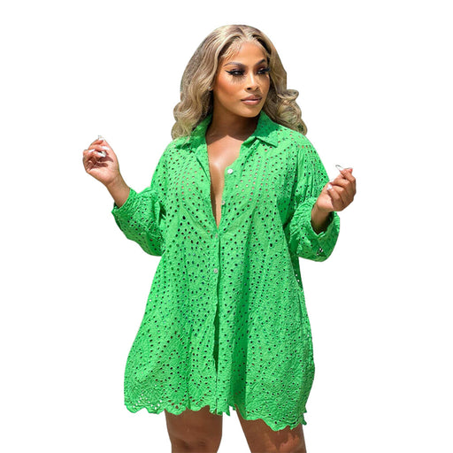 Color-Green-Women Casual Shirt Dress Solid Color Hollow Out Cutout Dress-Fancey Boutique