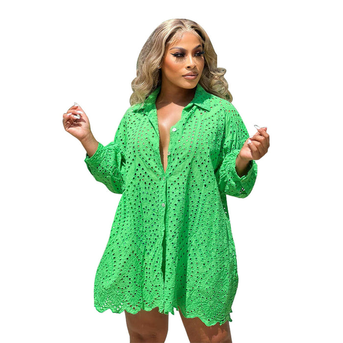 Color-Green-Women Casual Shirt Dress Solid Color Hollow Out Cutout Dress-Fancey Boutique