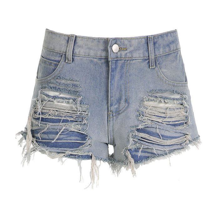 Color-Blue-Ripped Beggar Wandering Ripped Frayed Design High Waist Jeans Sexy Thin Looking Cool Super Short Shorts-Fancey Boutique