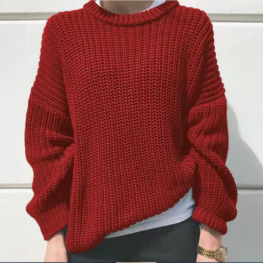Color-Burgundy-Autumn Winter Casual Simple Thick Needle Long Sleeve Round Neck Loose Knitted Pullover Sweater Women-Fancey Boutique