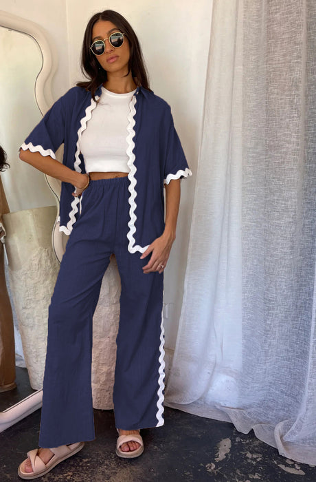 Spring Summer Comfortable Casual Single Breasted Lace Stitching Trousers Shacket-Navy Blue-Fancey Boutique