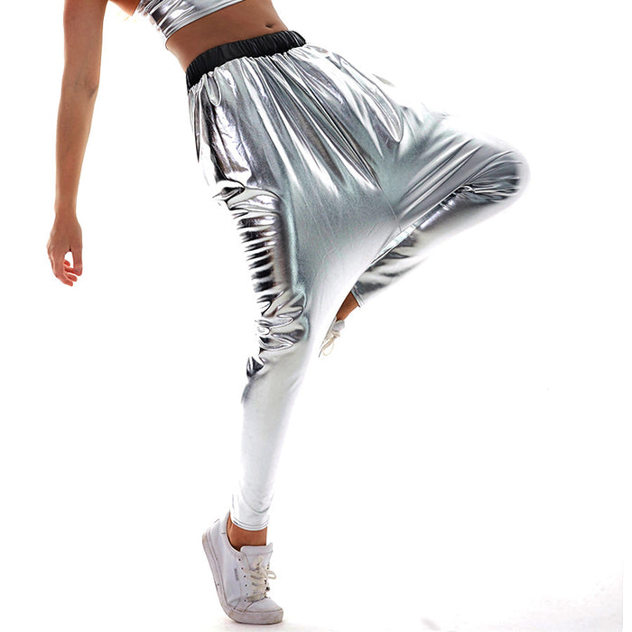 Color-Silver-Metallic Coated Fabric Saggy Pants Street Harem Pants Loose All Match Baggy Pants-Fancey Boutique