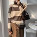 Color-Brown-Autumn Winter Thickened Warm Striped Turtleneck Long Sleeve Knitted Contrast Color Pullover Sweater-Fancey Boutique