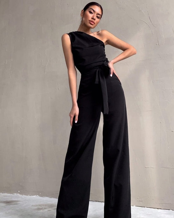 Color-Black-Lace Up Straight Jumpsuit No Belt-Fancey Boutique