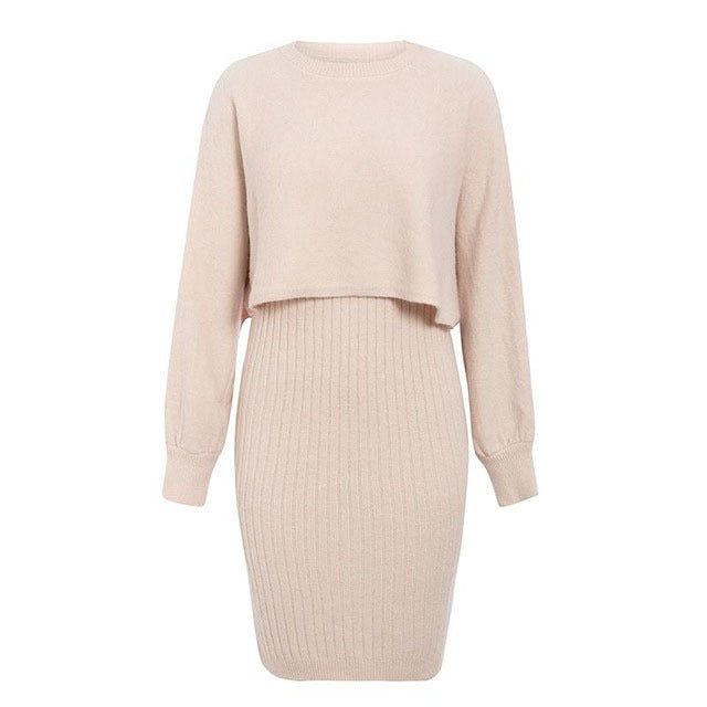 Color-Pink-Knitted Two-Piece Classic High Waist Pullover Knitwear Half-Length Office Solid Color Dress-Fancey Boutique